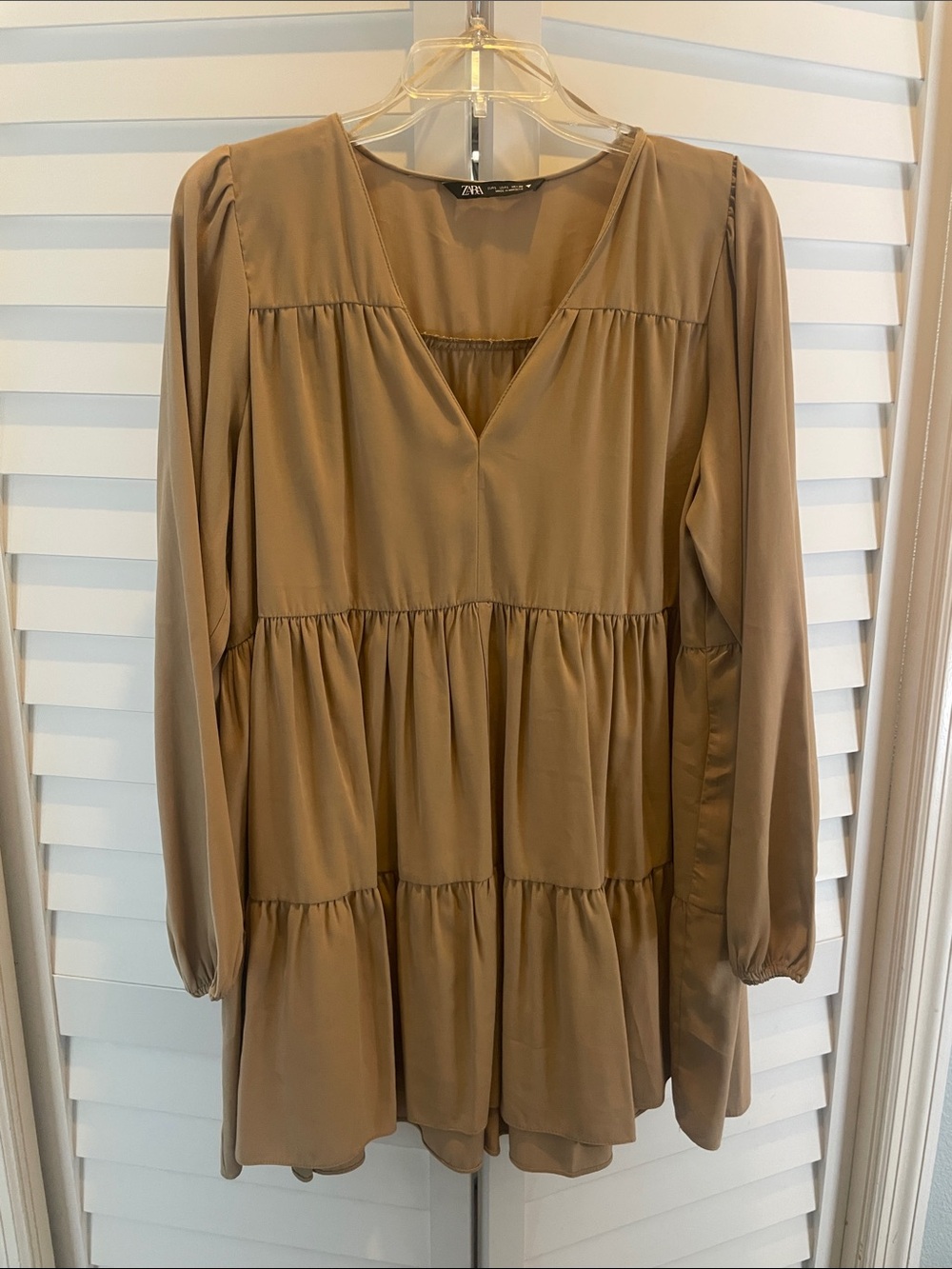 Zara Tan Tiered V-Neck Long Sleeve Mini Dress